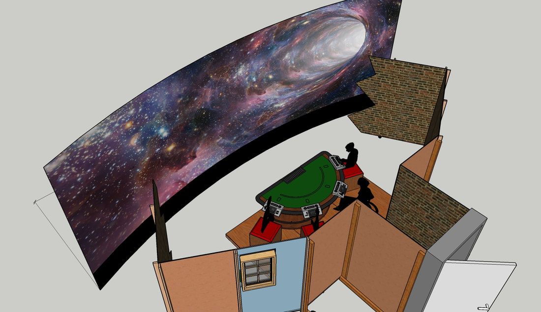 An artistic rendering of a concept for The Time Machine 2.0. Four figures sit in a closed garage. The walls of the room have cracked open, revealing a giant screen displaying an image of a wormhole.